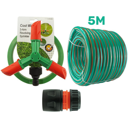 Automatic Lawn Sprinkler 360 Garden Plants Watering 3-ARM + 5M Connection Bundle