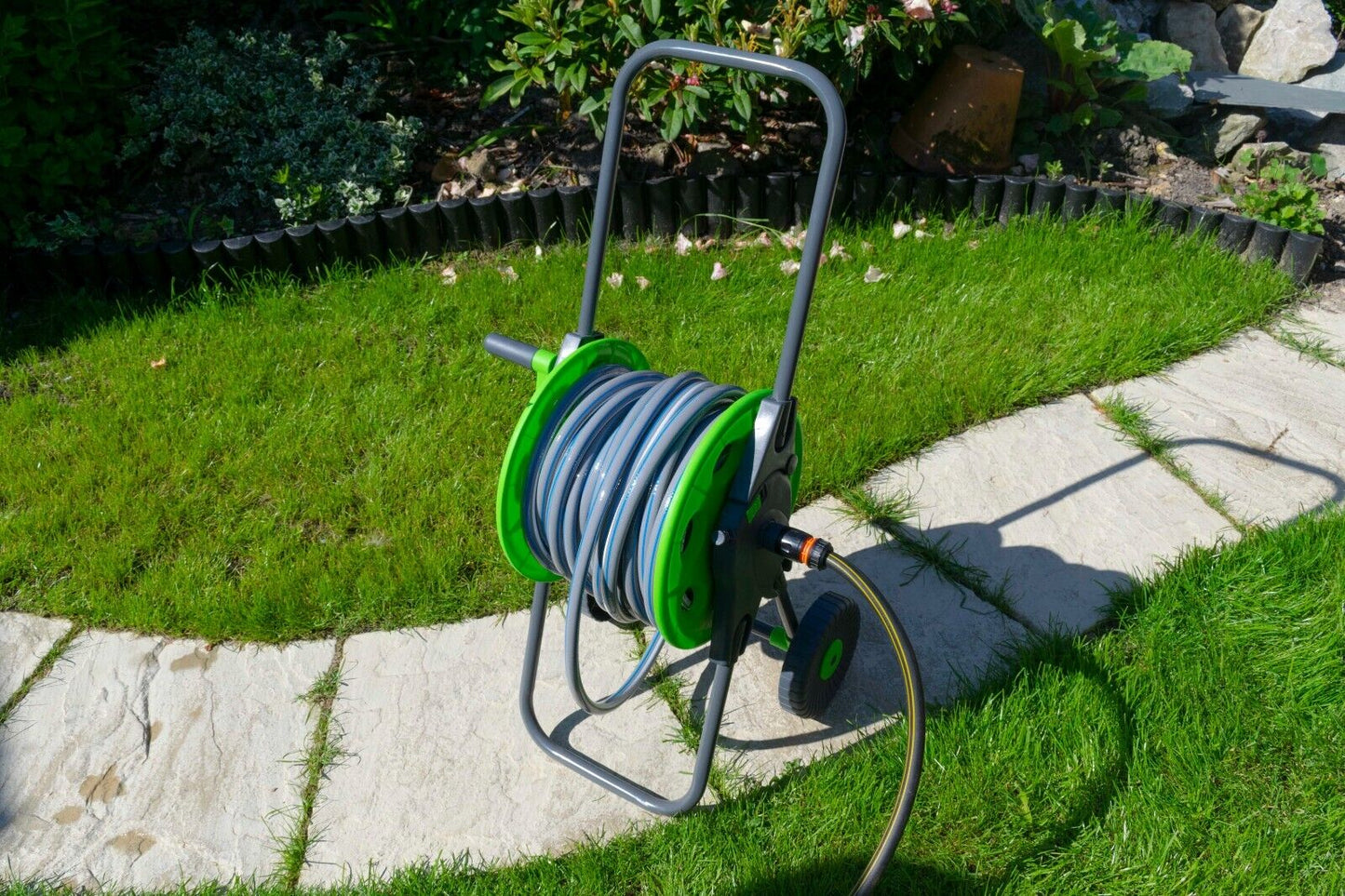 Hose Reel Cart & 30m (100ft) Hose - Hose Cart on Wheels with Foldable Handle