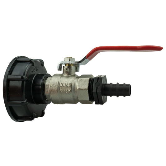 IBC Tank Outlet 2" S60X6 Thread + Lever Valve Full Flow to Barb Hosepipe 1/2"