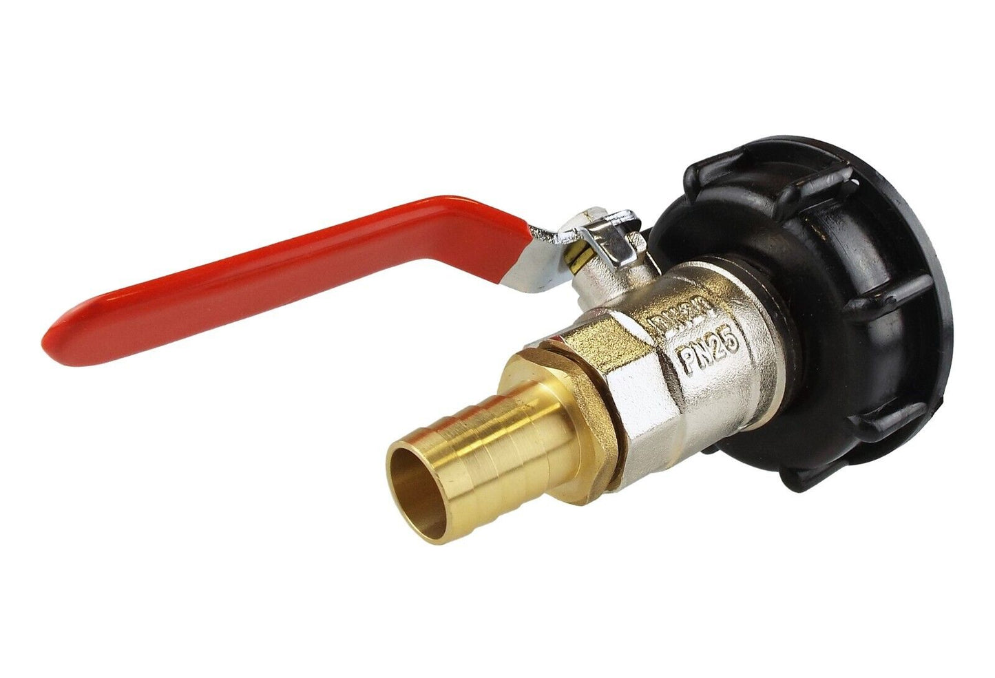 IBC Tank Outlet 2" S60X6 Thread + Lever Valve Full Flow to 19mm Brass Barb 3/4"