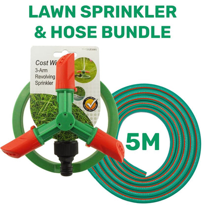 Automatic Lawn Sprinkler Garden Watering Adjustable Spinning 360 & 5m of Hose