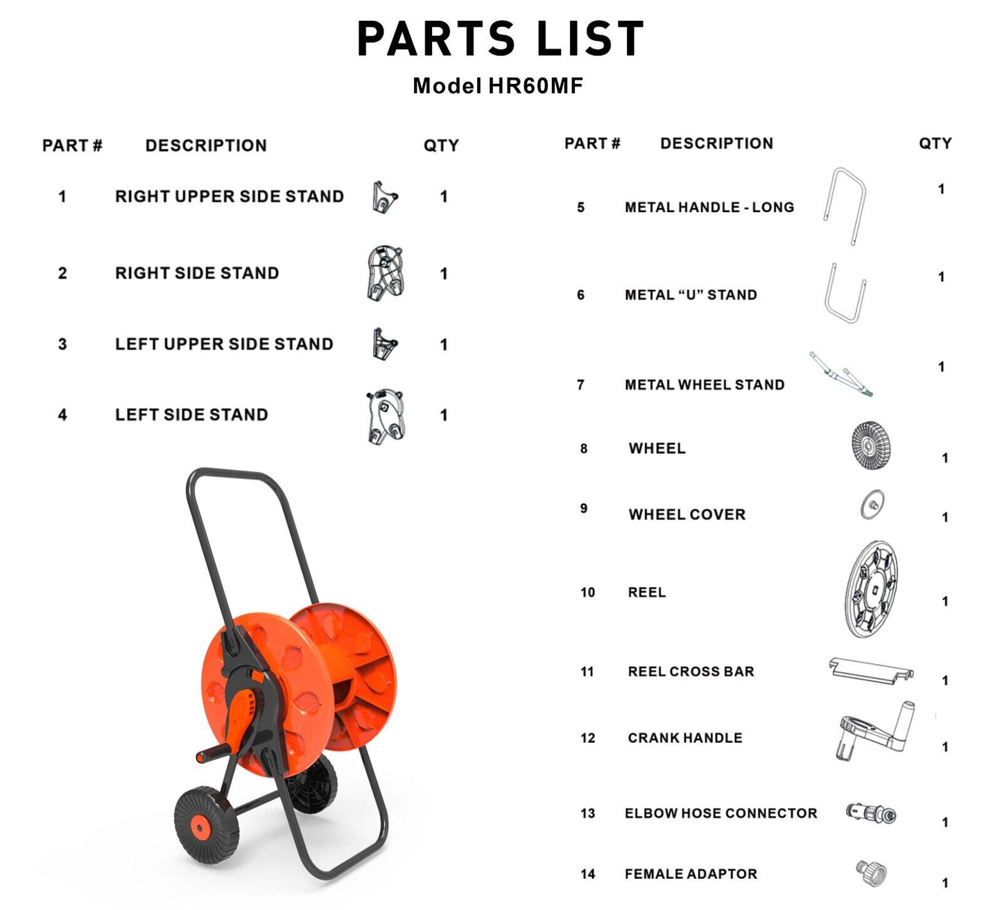 60m Garden Hose Cart Reel Trolley, Folding Handles, Free Standing, ORANGE