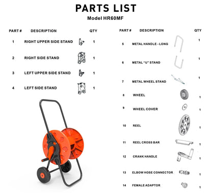 60m Garden Hose Cart Reel Trolley, Folding Handles, Free Standing, ORANGE