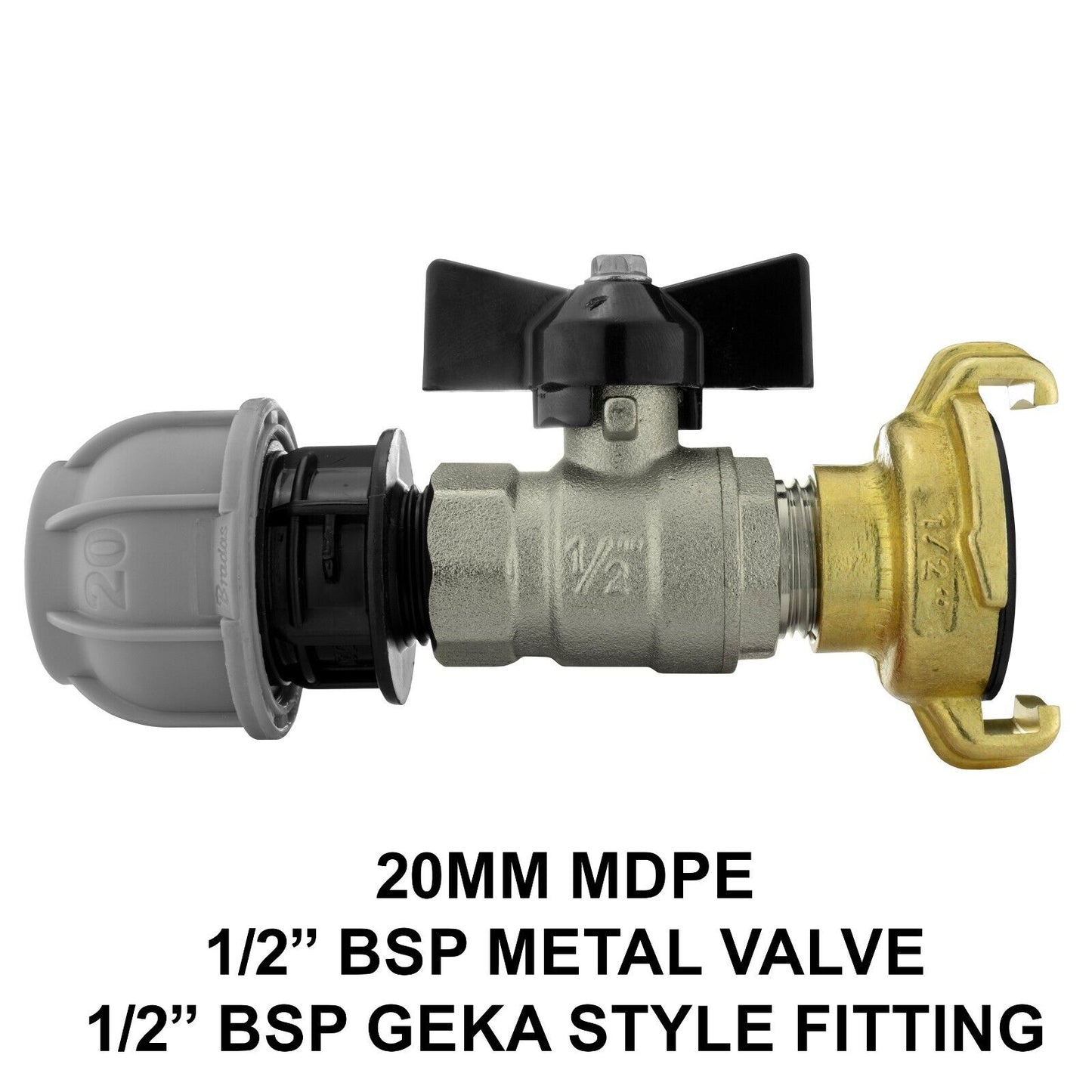 20mm MDPE Water Pipe Fitting Metal Stop Valve, GEKA Connector, Hose Outlet BRASS