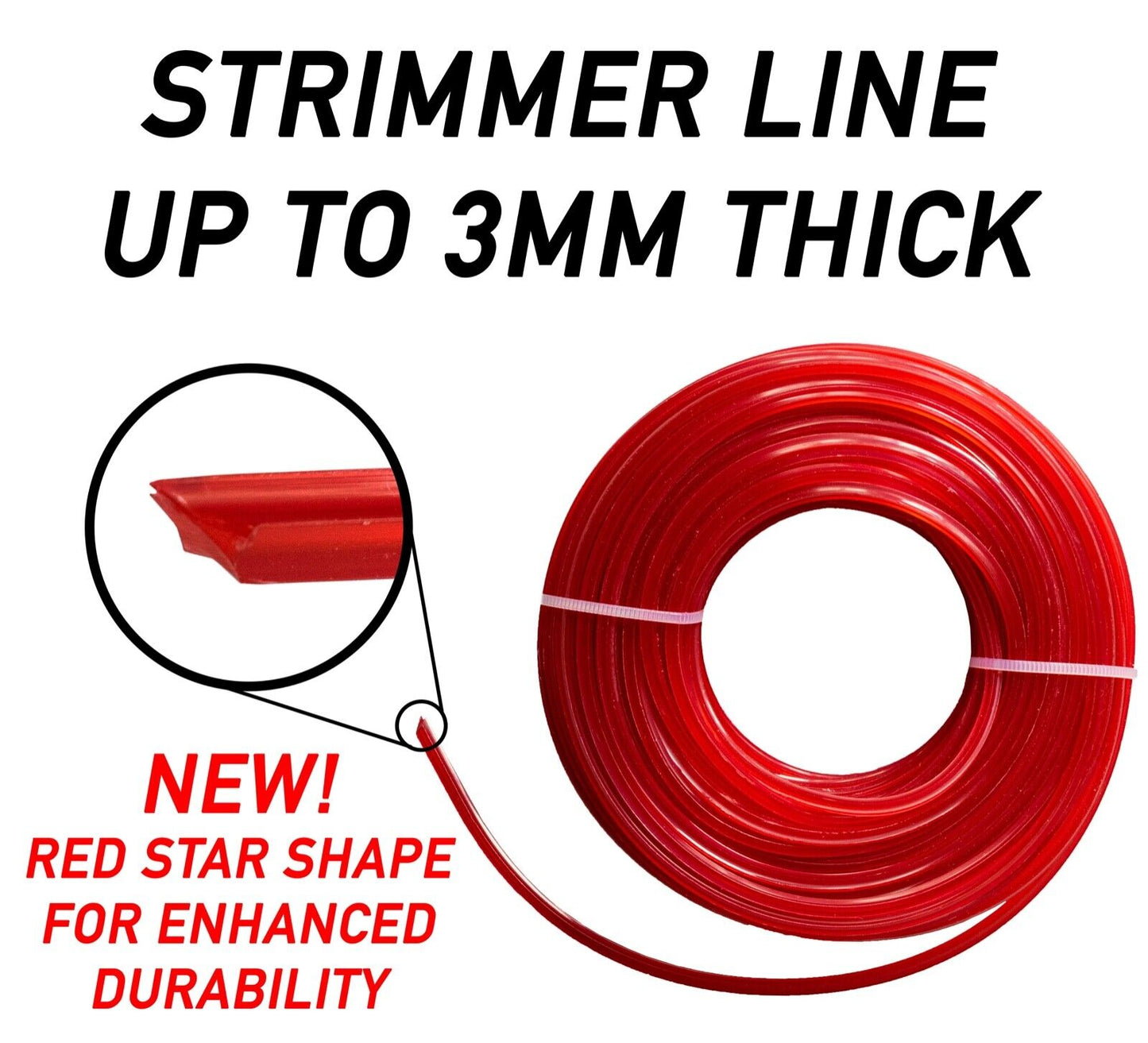 Red STAR Strimmer Line CORD Strong 15M For Petrol Strimmers , up to 3MM THICK!