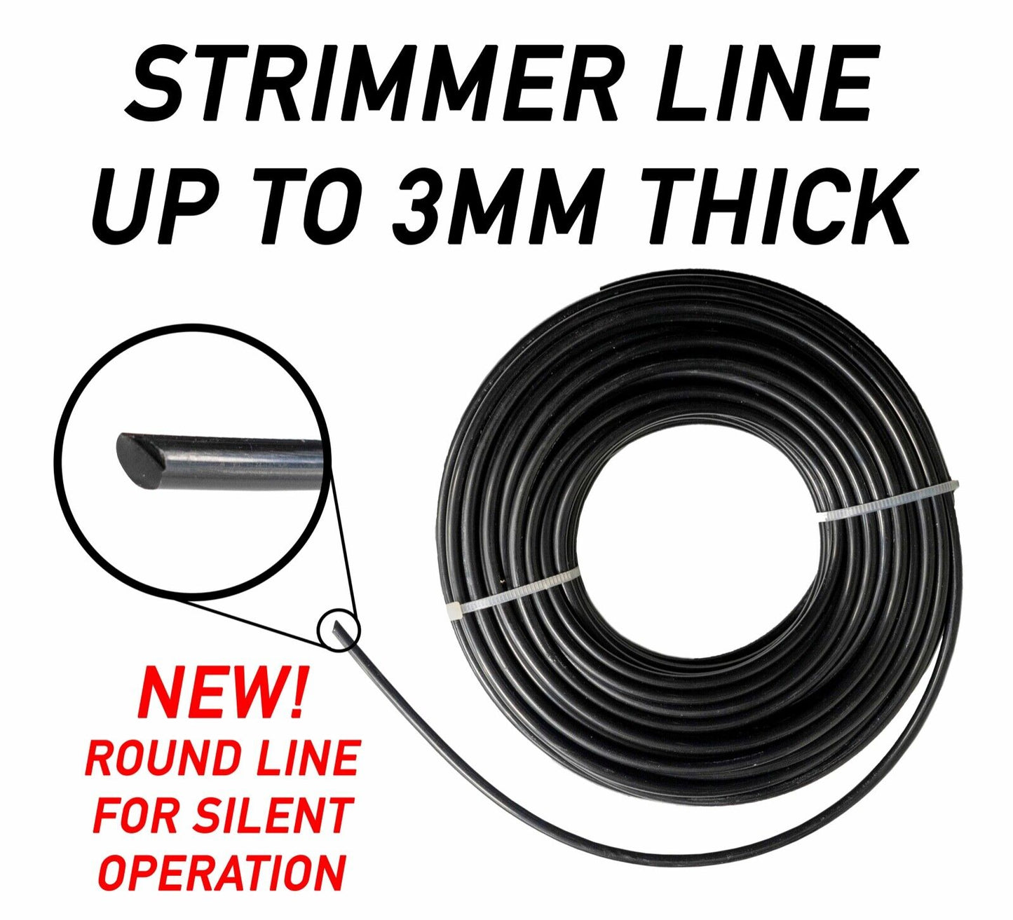 BLACK ROUND Strimmer Line, Strong 15M For Petrol Strimmers, up to 3MM THICK!