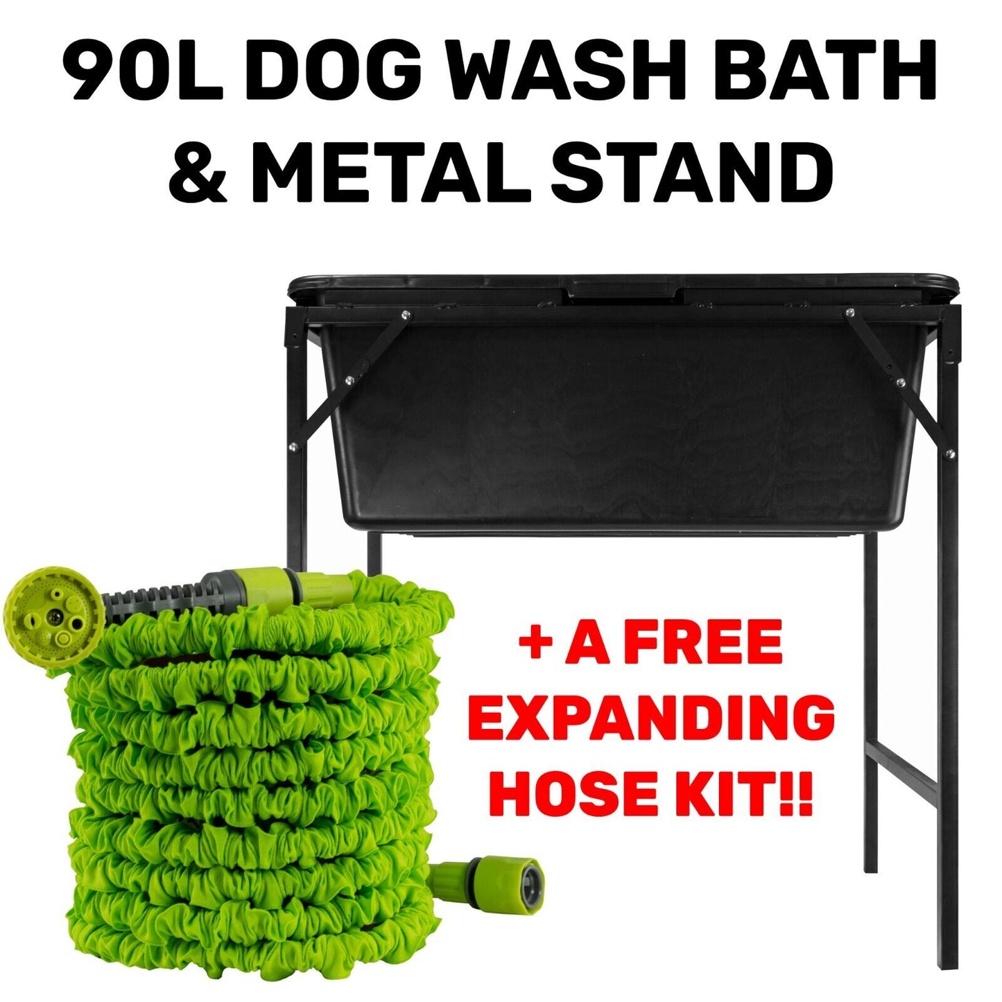 90L Large Dog Pet Bath with Metal Stand & Drain Valve + 15m Magic Hosepipe