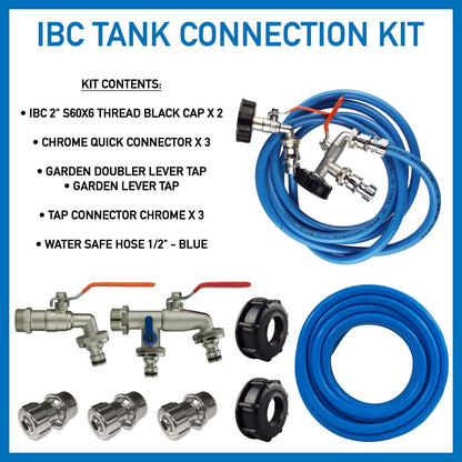 JOIN 2 IBC WATER TANKS, Connection Kit - Chrome Fittings, Water Hose, Lever Taps