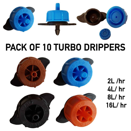 10 x Automatic Garden Irrigation Turbo Turbulent Dripper Emitters, 2 - 16L/hr