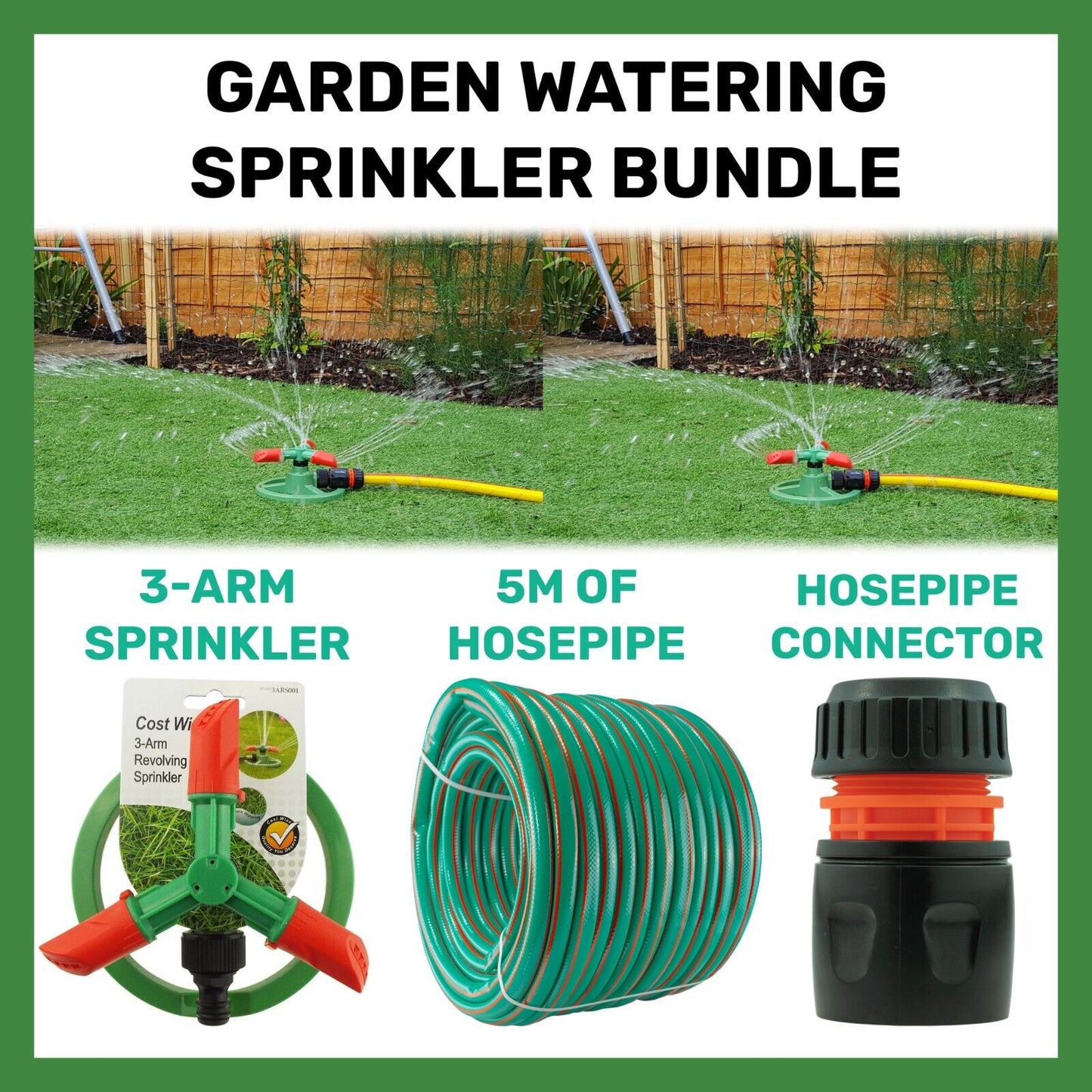 Automatic Lawn Sprinkler 360 Garden Plants Watering 3-ARM + 5M Connection Bundle