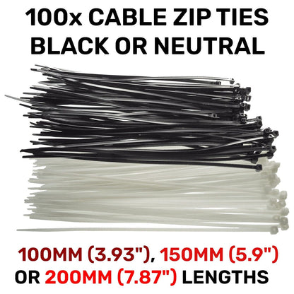 100 Pack Long Cable Wire Nylon Zip Tie Wraps White/ Black 18KG 100mm 150mm 200mm